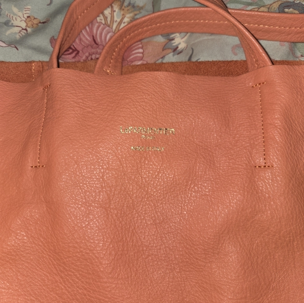 Le Parmentier Paris Made in Italy Leather Colorblock Tote – Coral & Taupe - Picture 10 of 13